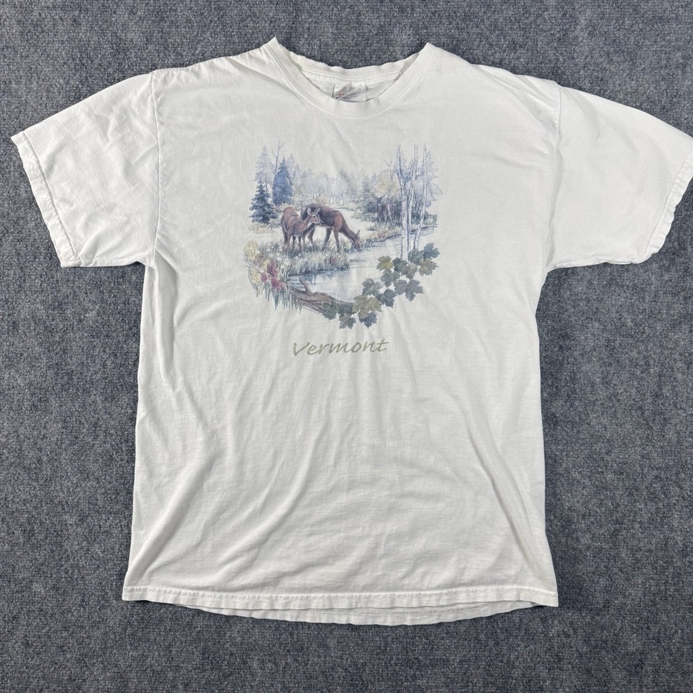 Vintage Vermont Deer Nature Travel Graphic T-Shirt White Size Large